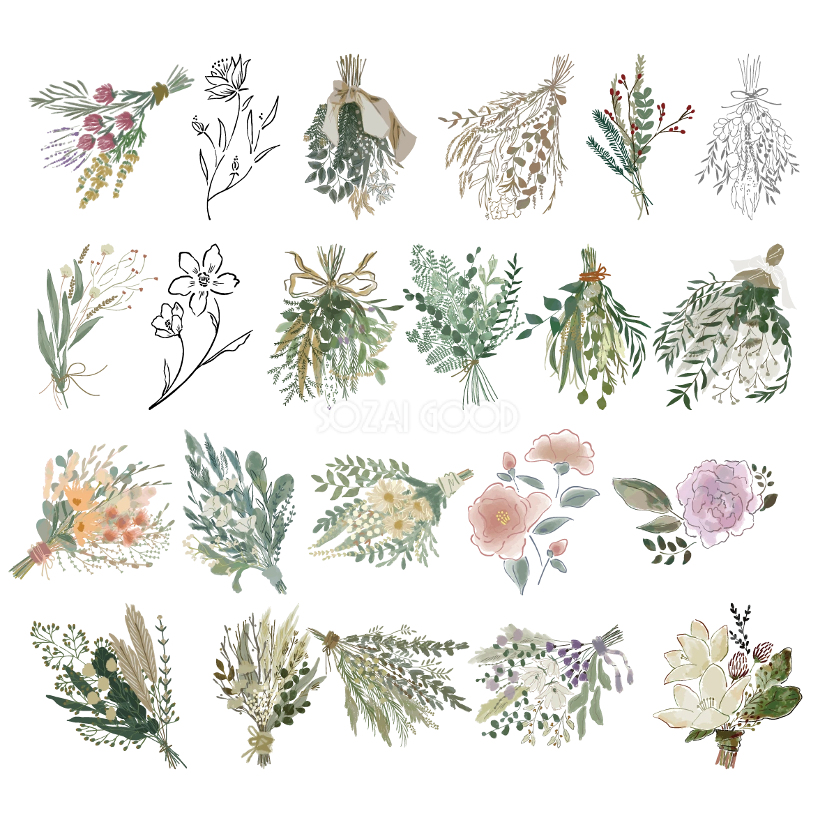 ブーケ 植物 ボタニカル イラスト セット素材集 無料 フリー91623