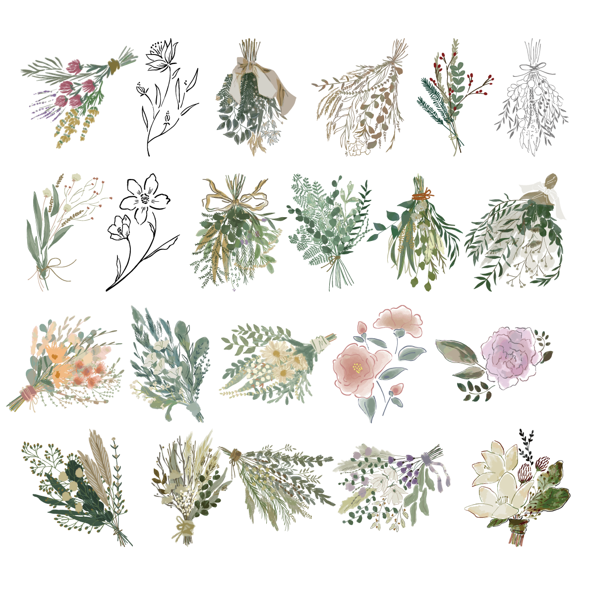 ブーケ 植物 ボタニカル イラスト セット素材集 無料 フリー91623に写真・文字を入れる