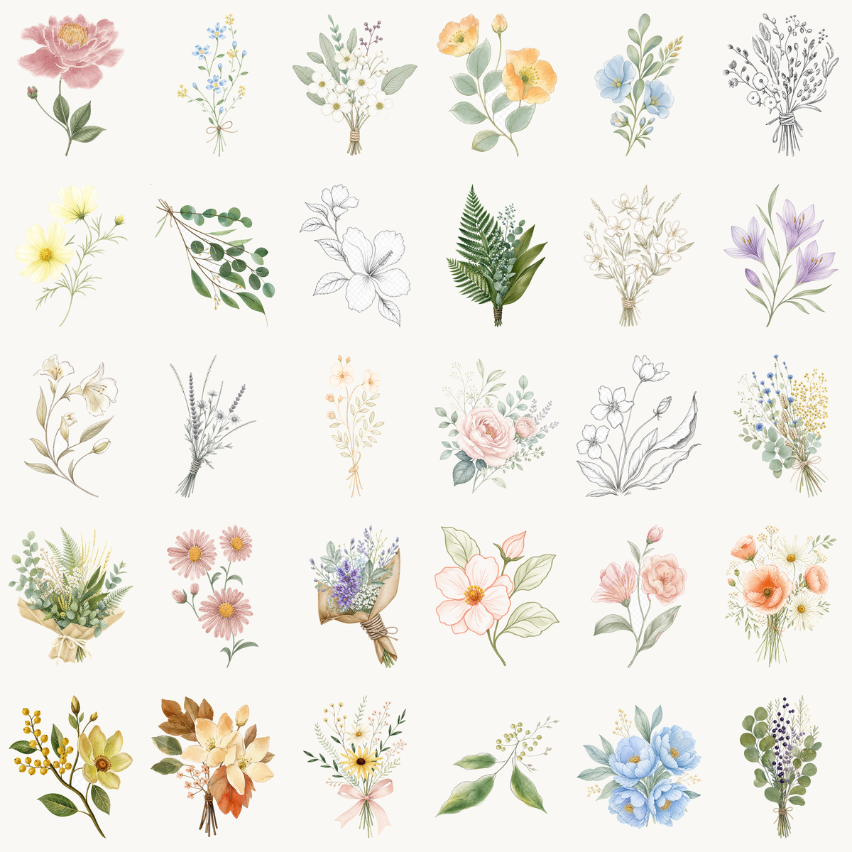 おしゃれな花・植物イラスト30種類セット｜ボタニカル・花束・線画【無料素材】91626に写真・文字を入れる