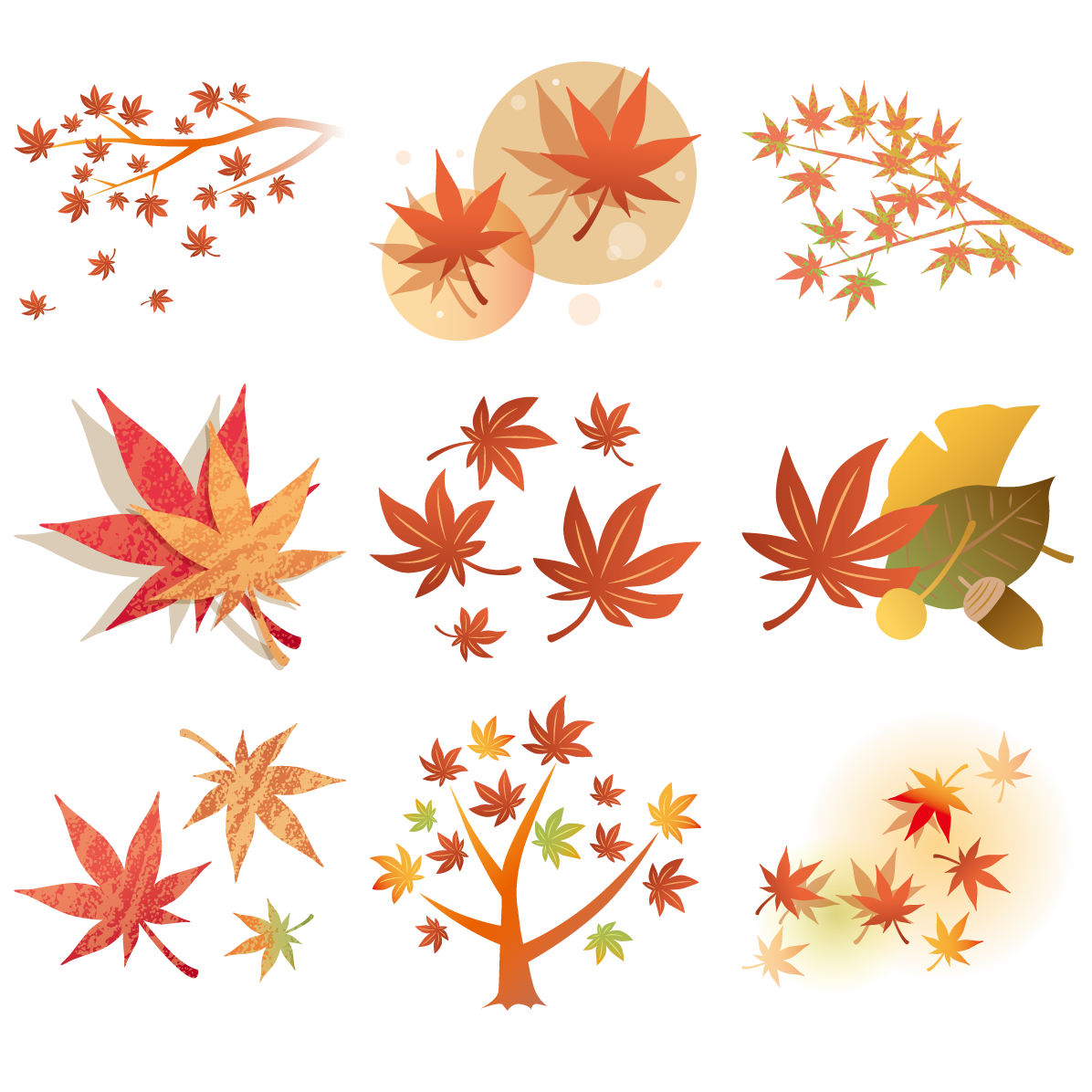 秋の紅葉・枝・もみじイラスト9種類セット｜落ち葉・枝・どんぐり【無料素材】91630に写真・文字を入れる
