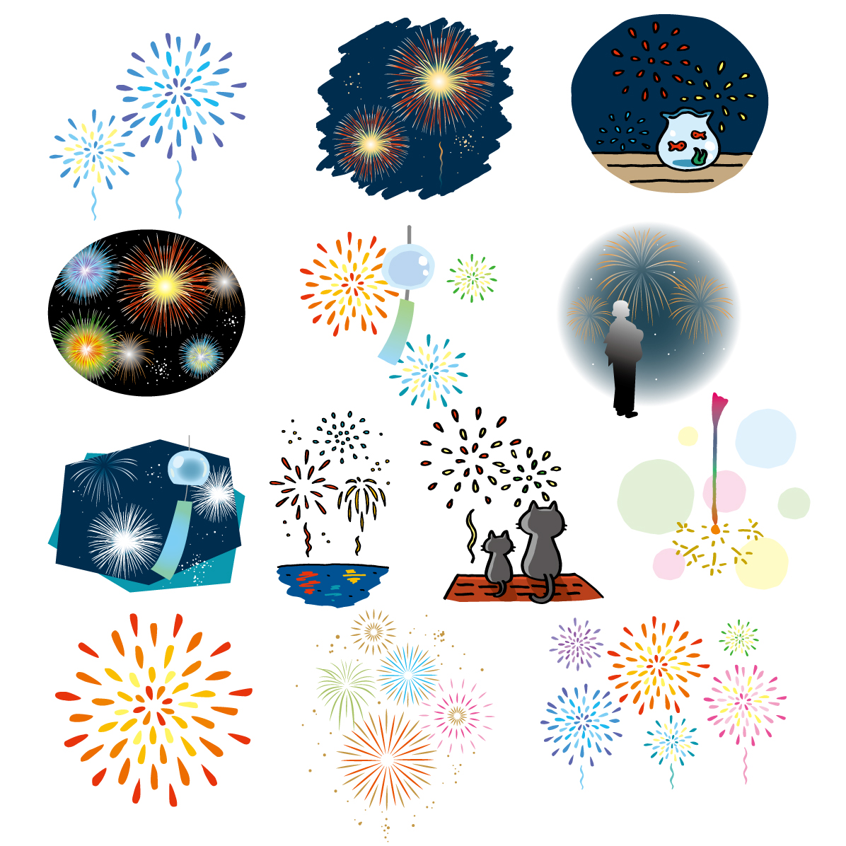 かわいい花火イラスト13種類セット｜夏祭り・打ち上げ花火・線香花火【無料素材】91639に写真・文字を入れる