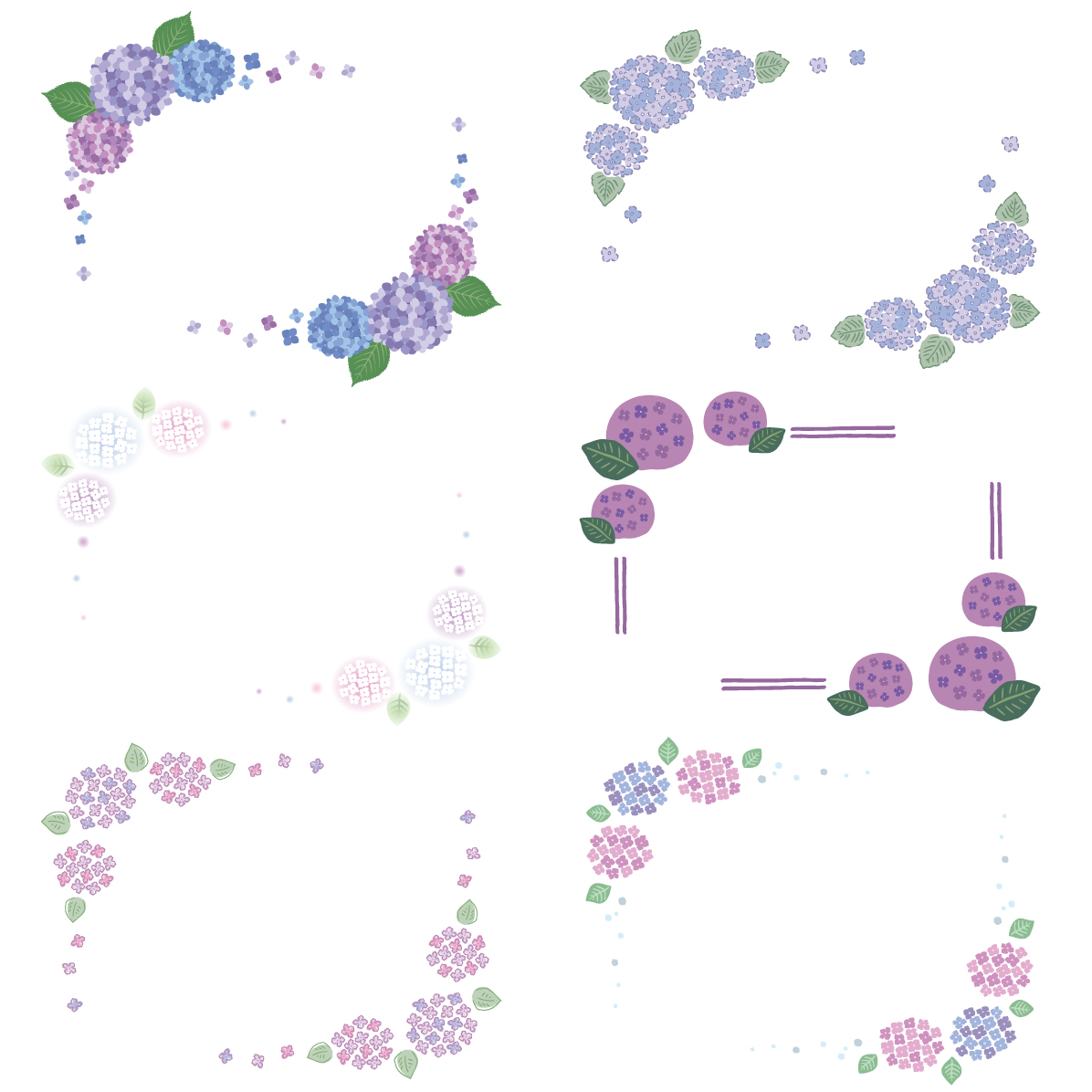 紫陽花(アジサイ) 梅雨 フレーム枠 イラスト セット 素材集 無料 フリー91641に写真・文字を入れる