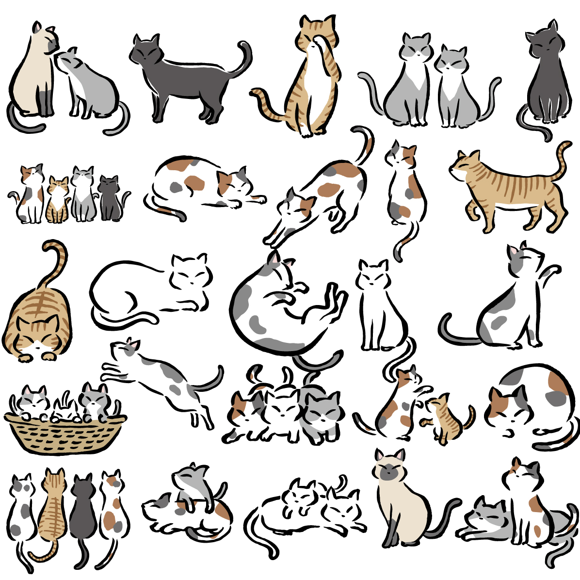 かわいい猫イラスト25種類セット｜おしゃれな筆書き風・手描き【無料素材】1646に写真・文字を入れる