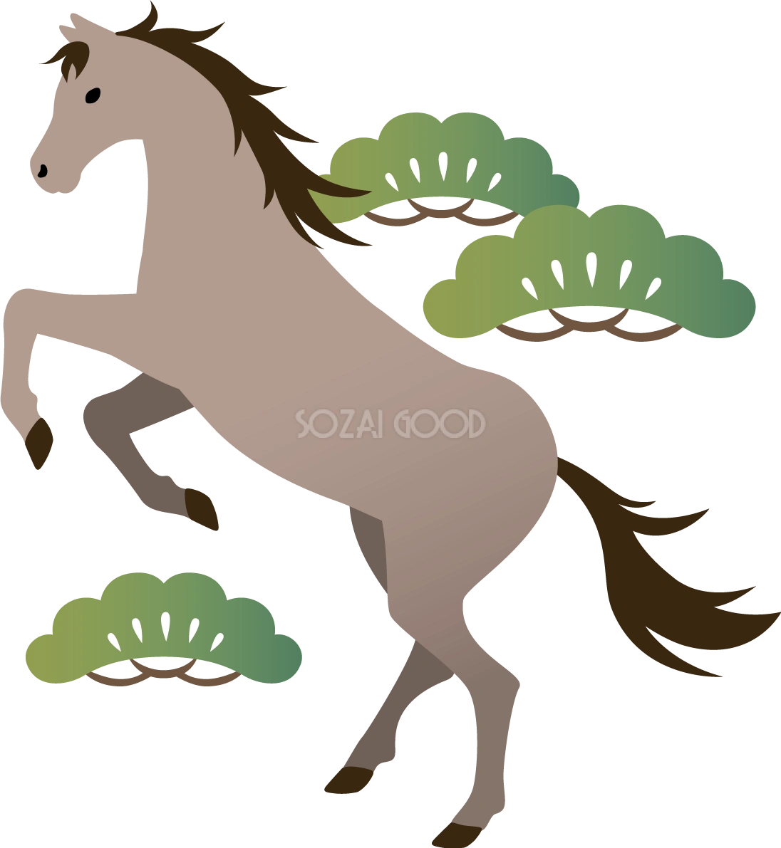 馬のフリー素材 立ち上がる馬と松 かっこいい 2026 午年イラスト無料 フリー91681