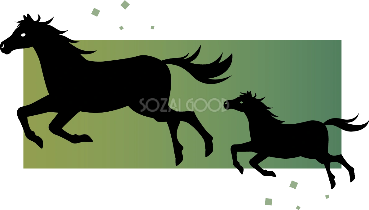 緑の長方形とシルエットの走る親子の馬 かっこいい 2026 午年イラスト無料 フリー91757