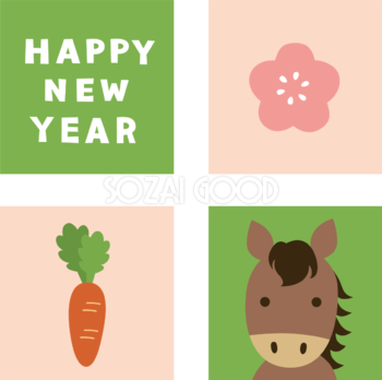 4つの四角形の中に馬とHAPPY NEW YEARと梅とにんじん かわいい 2026 午年イラスト 無料 フリー91783