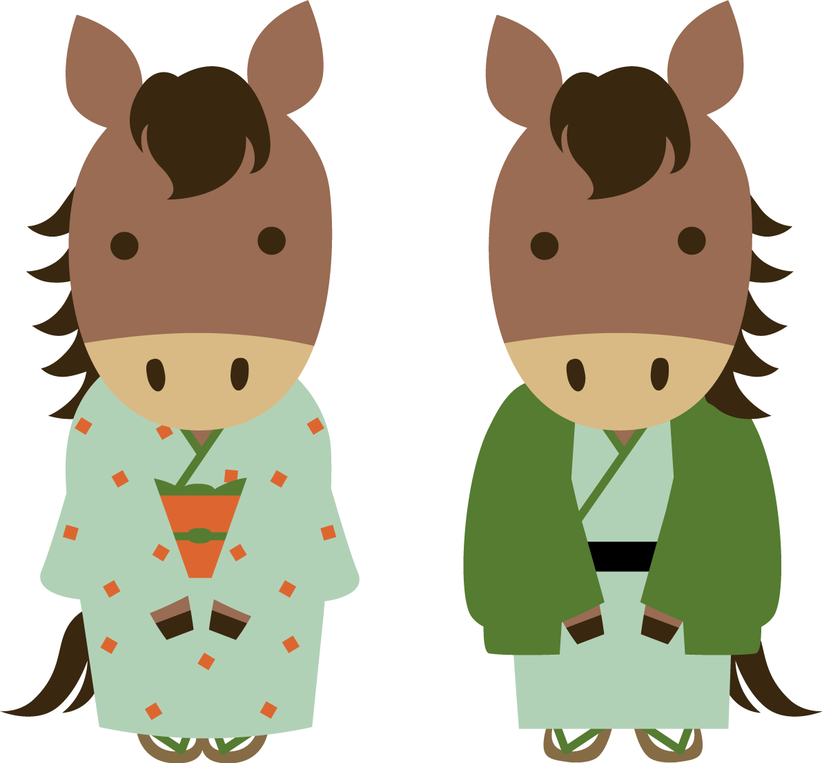 着物姿で立って挨拶する男女の馬 2026 午年イラスト 無料 フリー91799に写真・文字を入れる