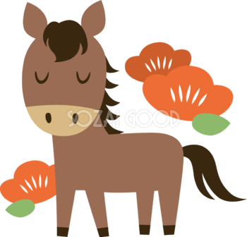 椿と目を閉じた馬 かわいい 2026 午年イラスト 無料 フリー91800