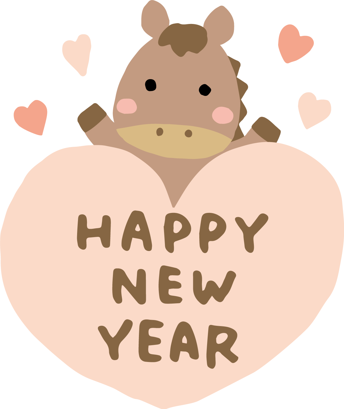 HAPPY NEW YEARが書かれたハートから顔を出す馬 かわいい 2026 午年イラスト 無料 フリー91809に写真・文字を入れる