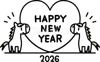 2頭の白馬が立つ線から伸びたハート型の中にHAPPY NEW YEAR 文字 ロゴ アイコン かわいい 2026 午年イラスト 無料 フリー91833