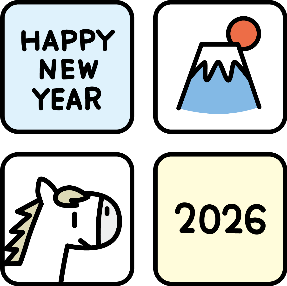 4つの四角形の中にHAPPY NEW YEARと富士山と白馬と2026 かわいい 2026 午年イラスト 無料 フリー91834に写真・文字を入れる