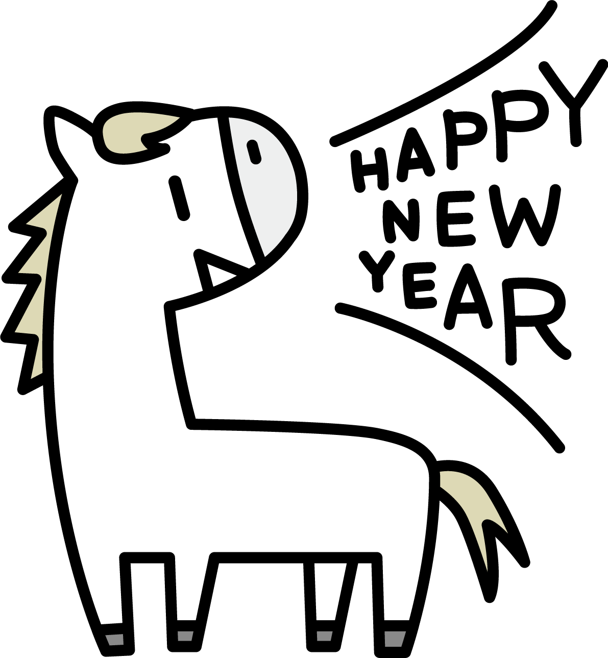 HAPPY NEW YEARの文字ロゴ 叫ぶ白馬 かわいい 2026 午年イラスト 無料 フリー91843に写真・文字を入れる