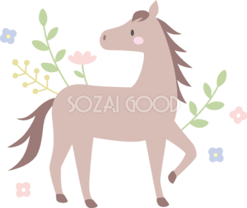 振り返る馬の後ろに植物 ボタニカル かわいい 2026 午年イラスト 無料 フリー91851