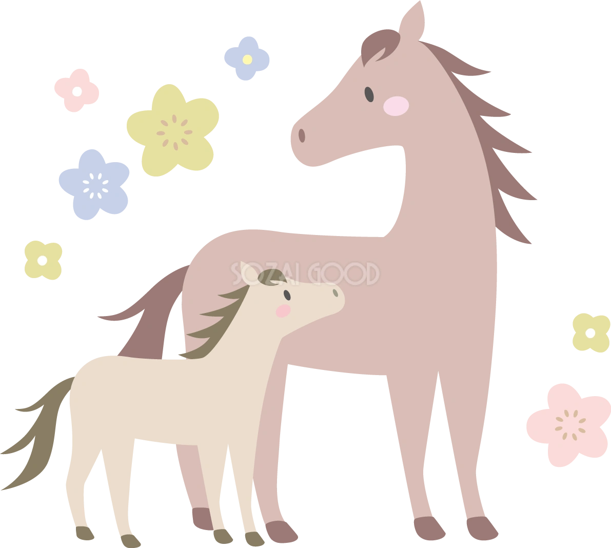 親子の馬の周りにたくさんの花 かわいい 2026 午年イラスト 無料 フリー91852