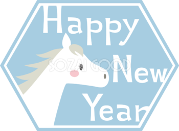 水色の六角形の中にHAPPY NEW YEARの文字ロゴと白馬の顔 アイコン かわいい 2026 午年イラスト 無料 フリー91854