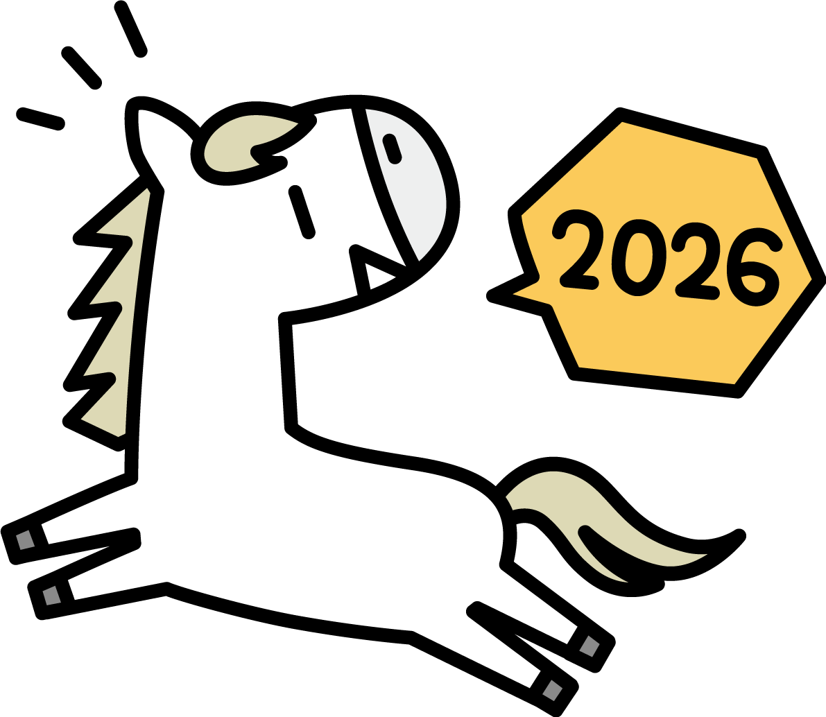 走りながら振り返って吹き出しの中に2026文字と言う白馬 かわいい 午年イラスト 無料 フリー91855に写真・文字を入れる