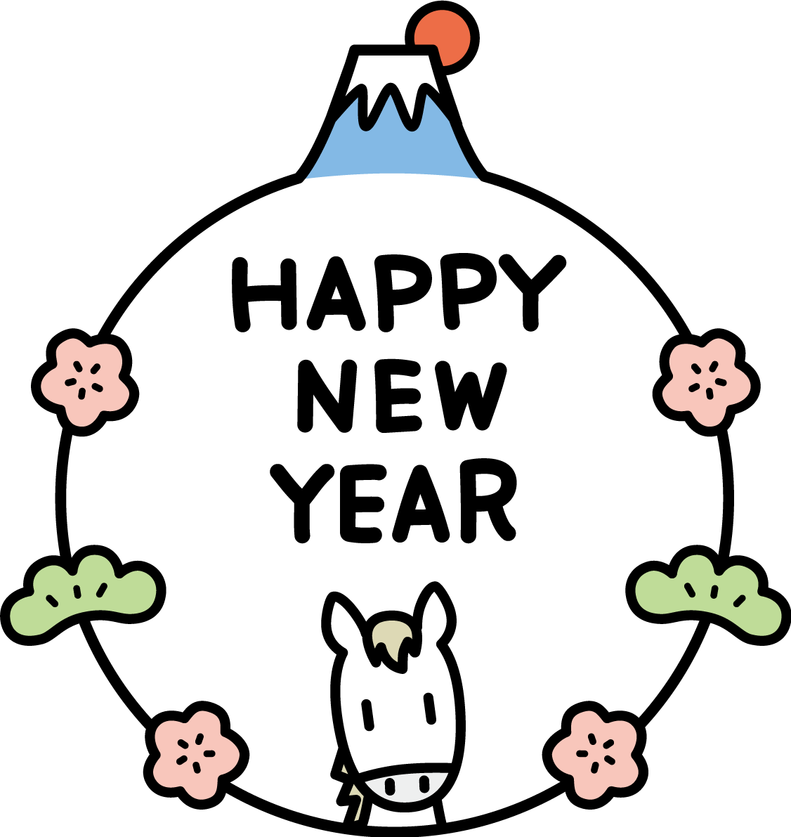 富士山と梅と松の飾りのついた円の中に白馬とHAPPY NEW YEARの文字 ロゴ アイコン かわいい 2026 午年イラスト 無料 フリー91858に写真・文字を入れる