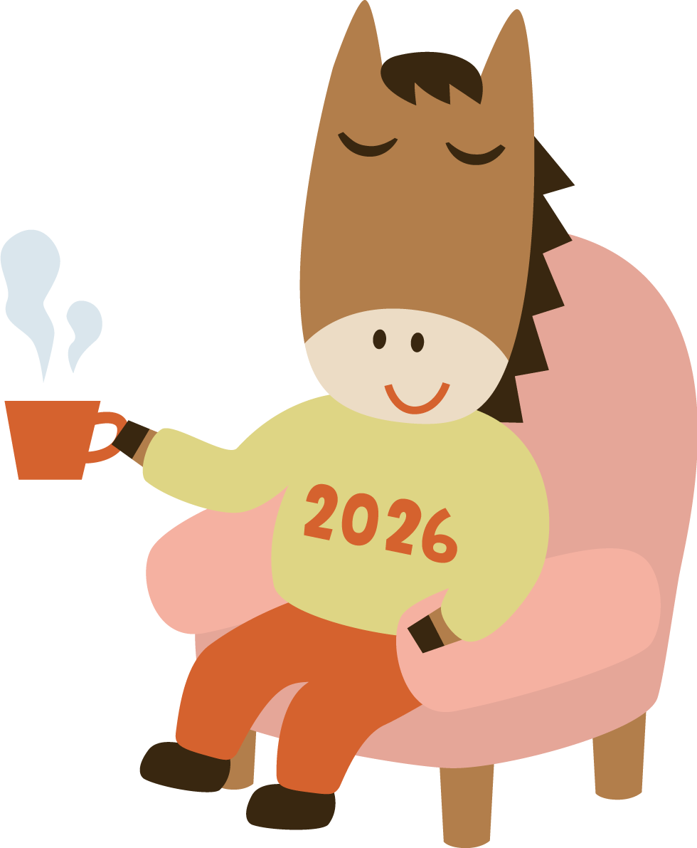 ソファに座ってお茶する馬 かわいい 2026 午年イラスト 無料 フリー91865に写真・文字を入れる