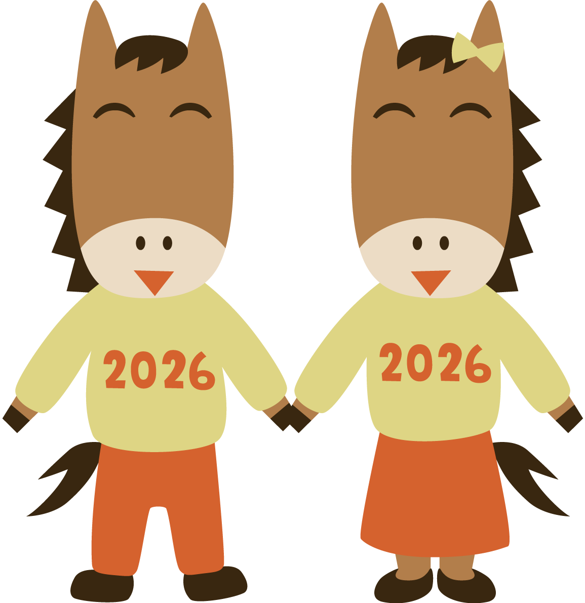 ぺアルックのカップルの馬 かわいい 2026 午年イラスト 無料 フリー91868に写真・文字を入れる