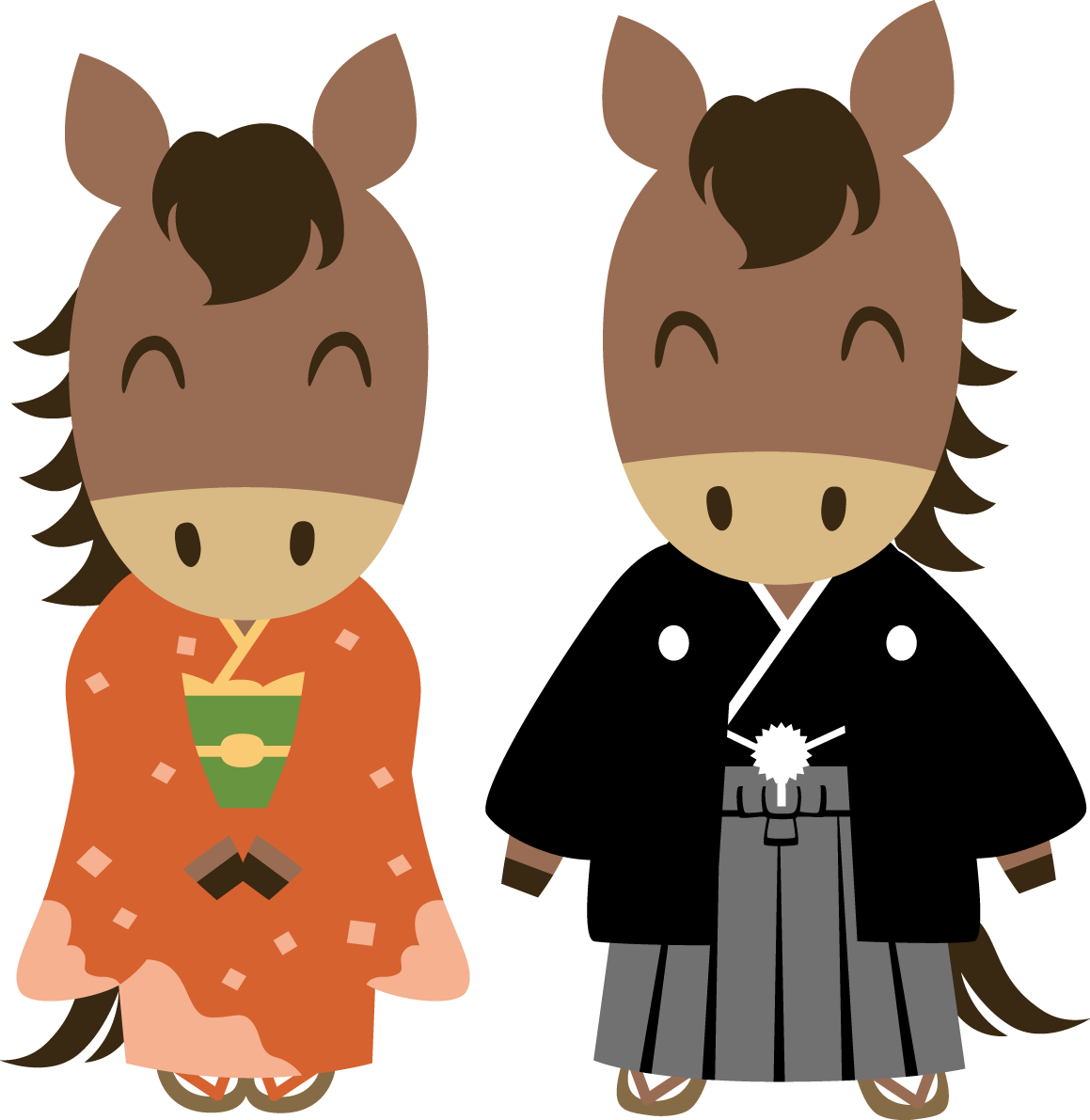 笑顔で立つ着物姿の男女の馬 かわいい 2026 午年イラスト 無料 フリー91899に写真・文字を入れる