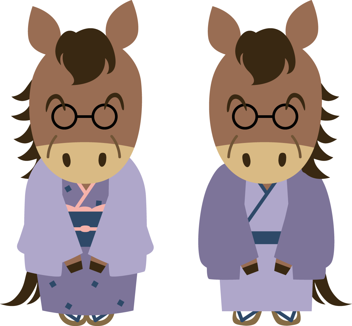 笑顔で立つ年配 おじいちゃん おばあちゃん 祖父 祖母 着物姿の男女の馬 2026 午年イラスト 無料 フリー91900に写真・文字を入れる
