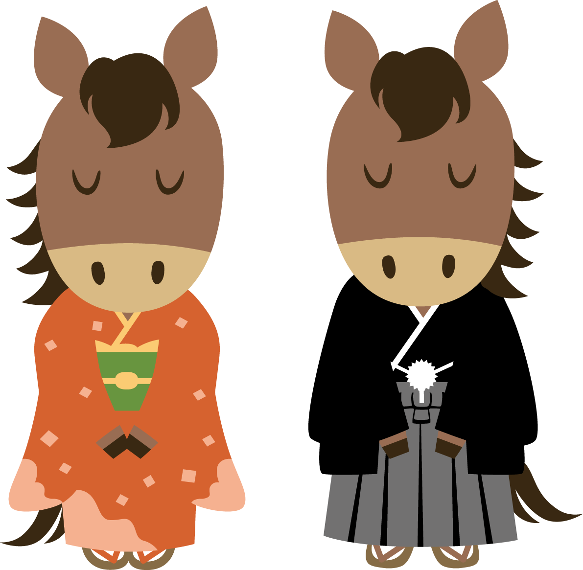 着物姿でお辞儀する男女の馬 かわいい 2026 午年イラスト 無料 フリー91904に写真・文字を入れる