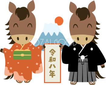 富士山と着物姿の男女の馬と令和八年の文字 2026 午年イラスト 無料 フリー91931