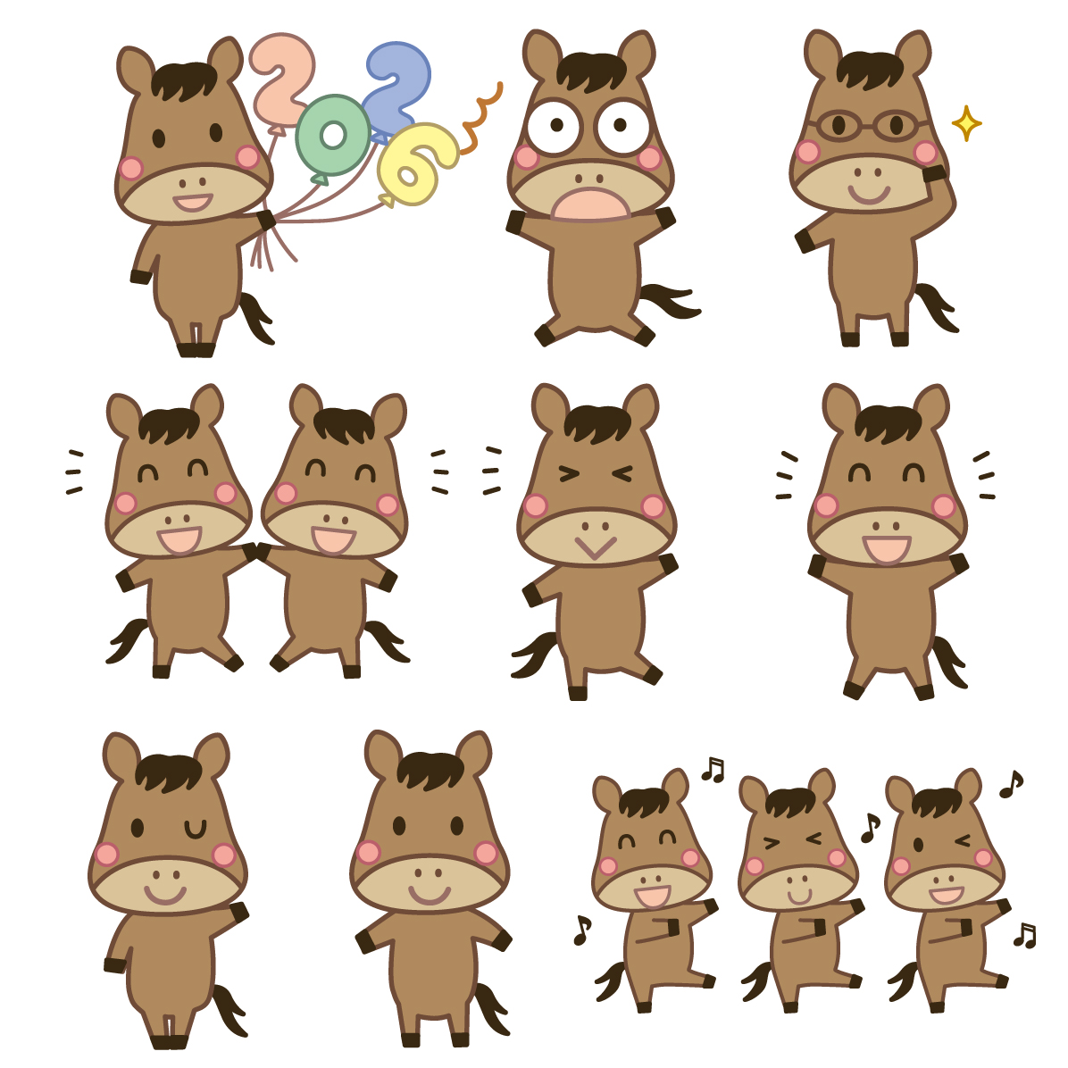 馬 かわいい 2026 午年イラスト セット素材集 無料 フリー91962に写真・文字を入れる