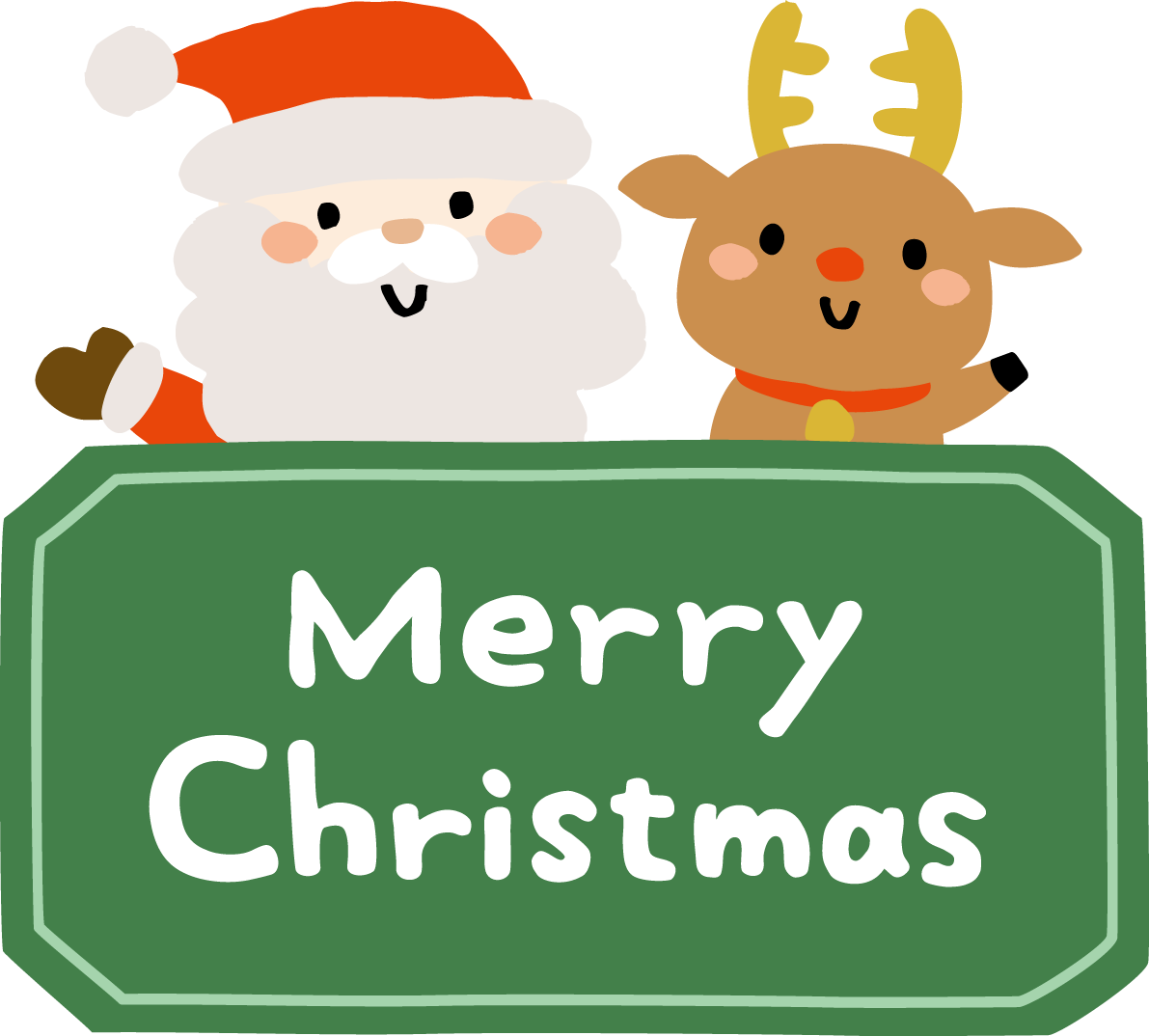 Merry Christmasの看板から顔を出すサンタクロースとトナカイ かわいい ロゴ 文字 クリスマス イラスト 無料 フリー91975に写真・文字を入れる