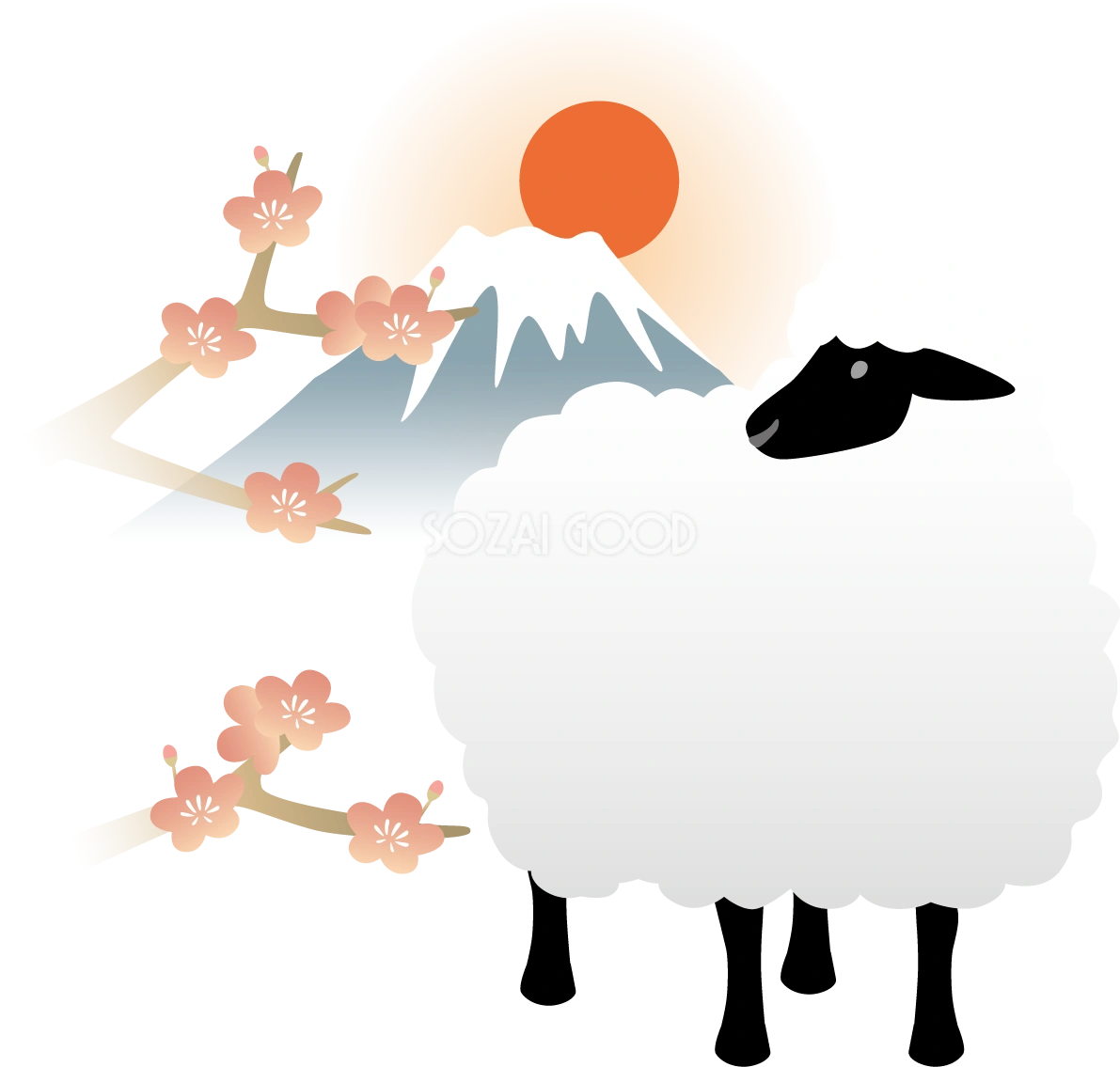 黒い羊と富士山と梅の枝 かっこいい 2027 未年イラスト 無料 フリー92005