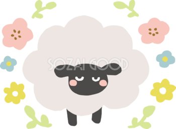目を閉じる黒い羊の周りにいろんな花 かわいい 2027 未年イラスト 無料 フリー92121