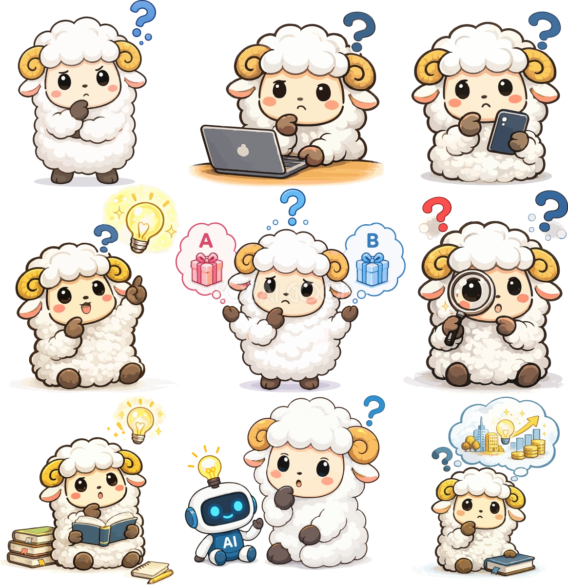 考える羊のかわいいイラスト(9種類)|悩む・比較する・ひらめく羊キャラクター 無料 フリー92168
