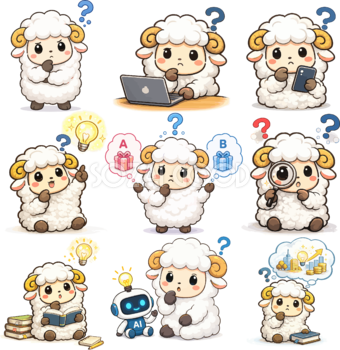 考える羊のかわいいイラスト（9種類）｜悩む・比較する・ひらめく羊キャラクター 無料 フリー92168