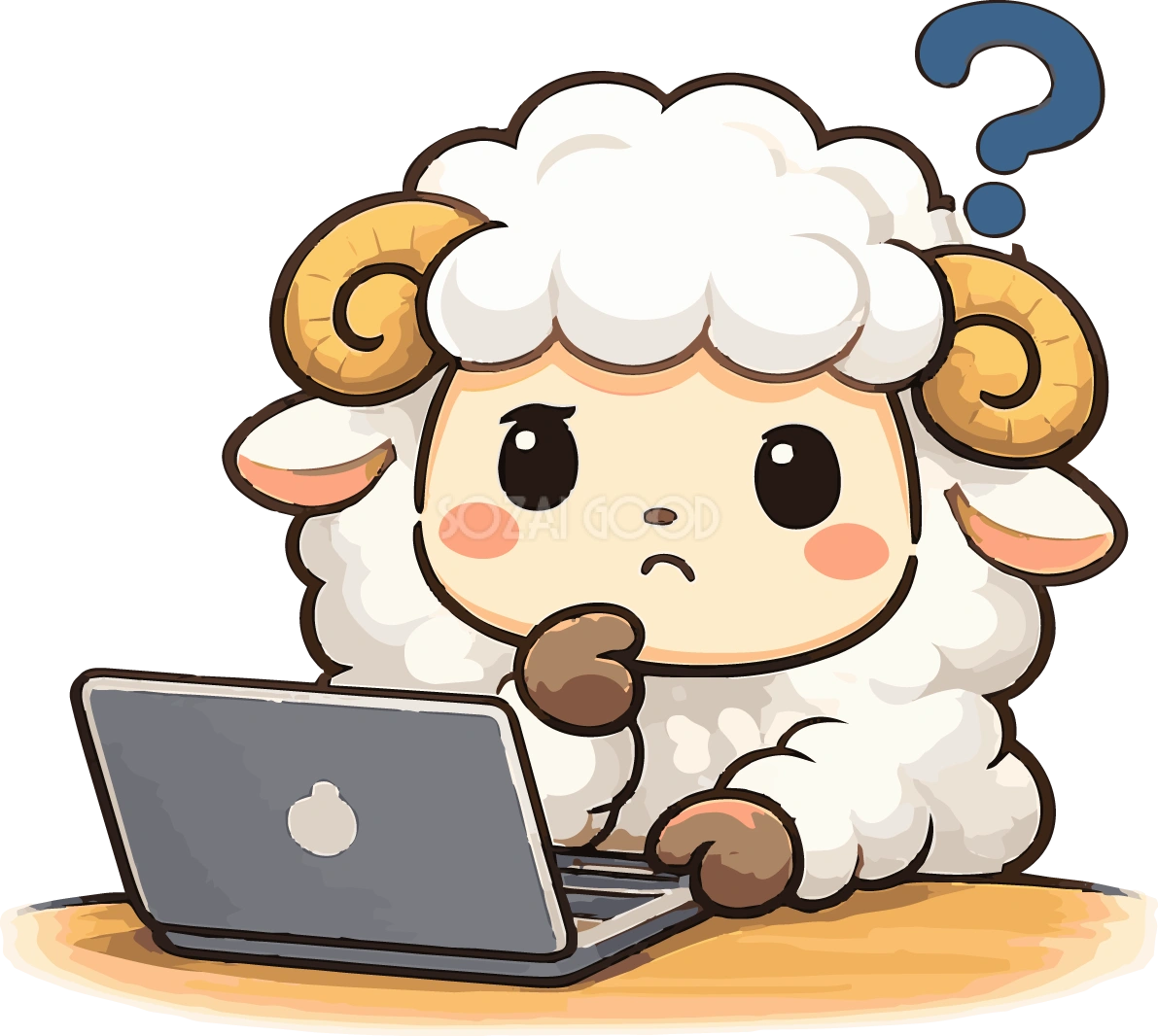 パソコンを見ながら考える羊のかわいいイラスト無料 フリー92171