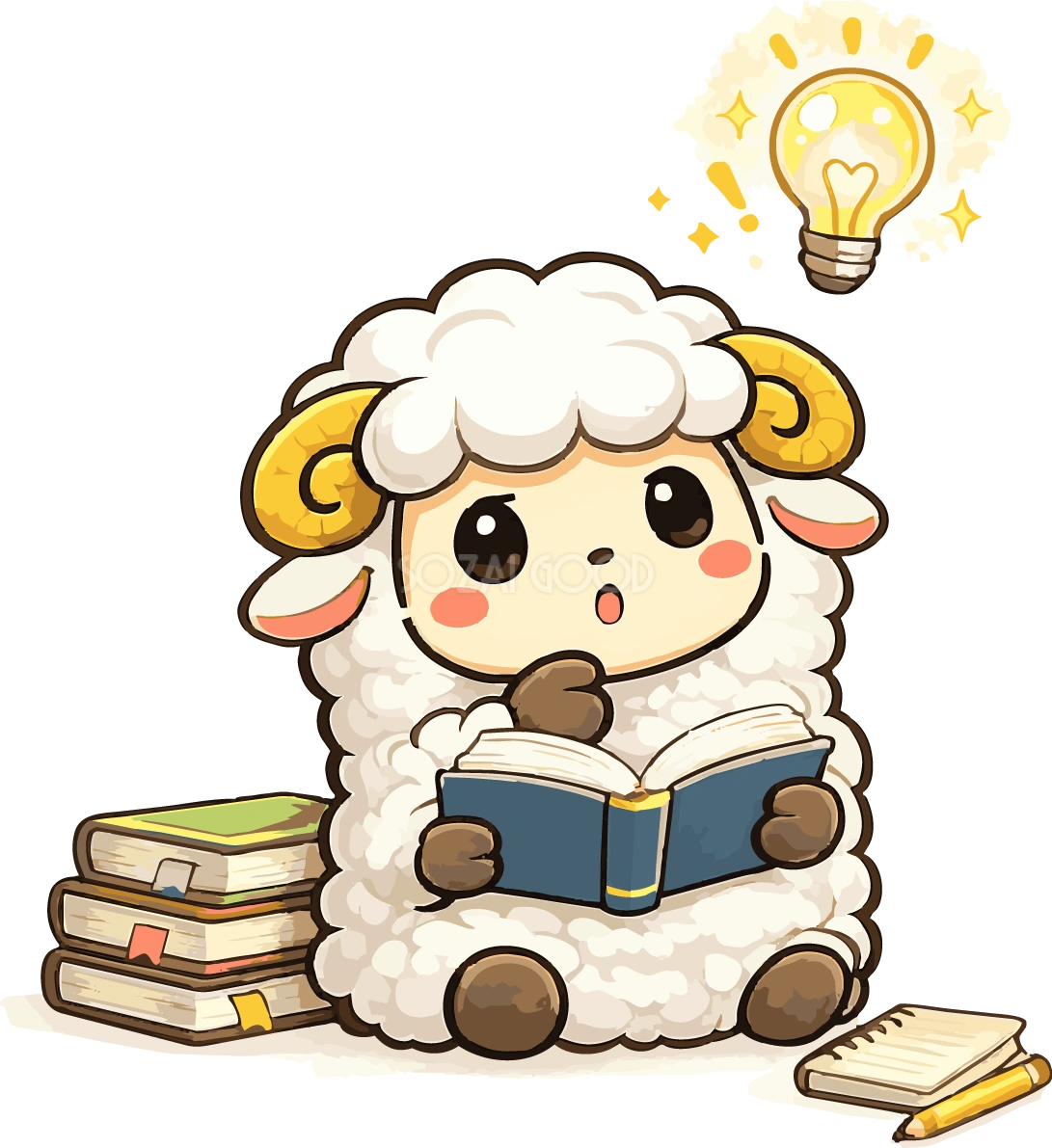 本を読んで勉強する考える羊のかわいいイラスト無料 フリー92176