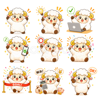 解決する羊のイラスト（9種類）｜問題解決・成功・達成・ひらめきのかわいいセット無料フリー2186