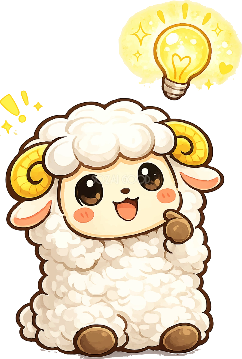 ひらめく羊のイラスト（かわいい羊キャラクター）無料 フリー92193