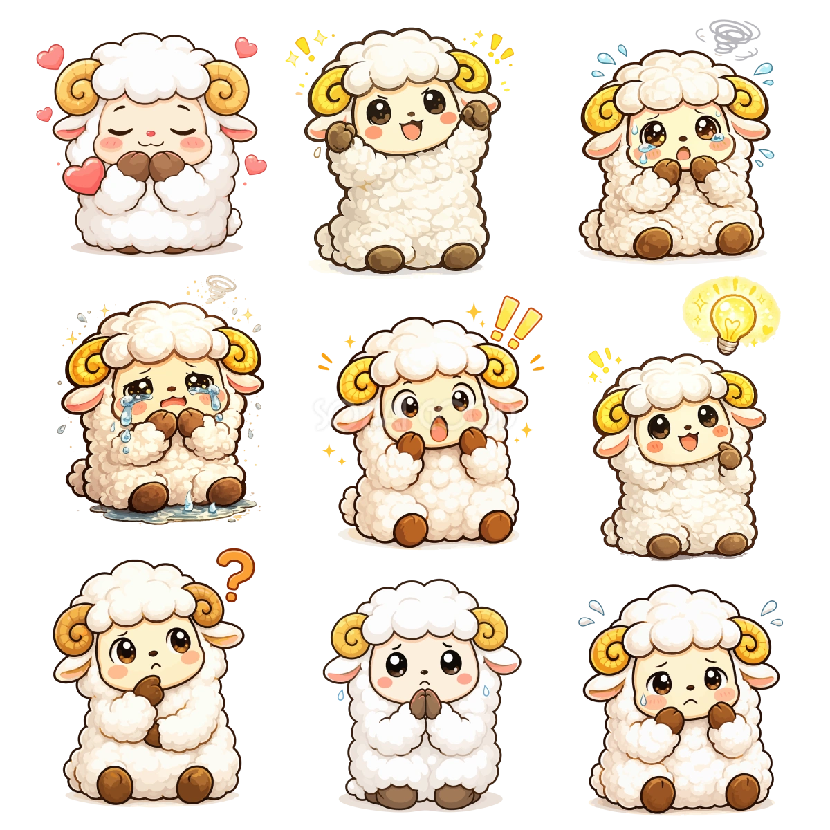かわいい感情表現の羊キャラクターイラスト（9種類）セット無料 フリ92200