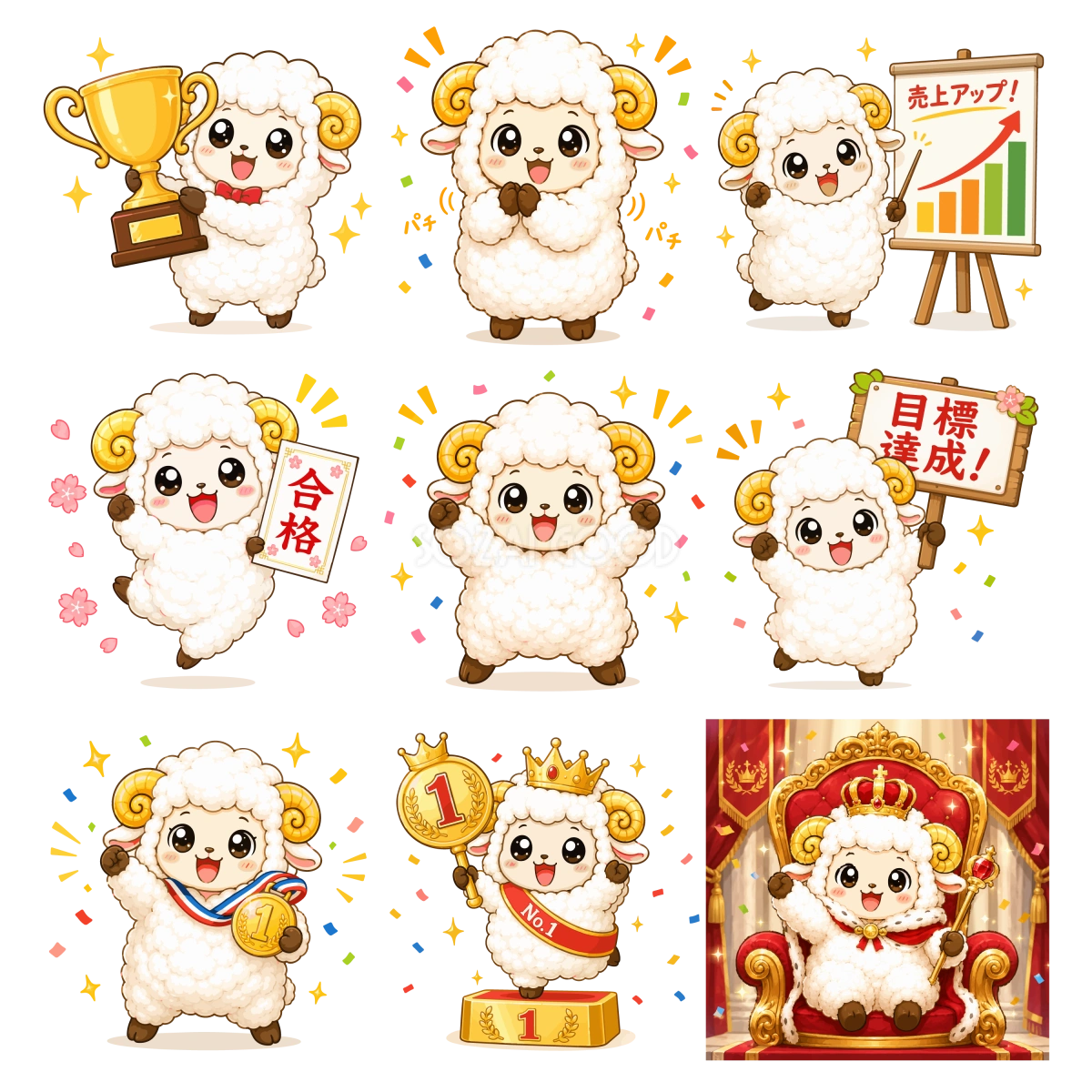 成功する羊のイラスト(9種類)|合格・達成・優勝・表彰のかわいい無料 フリー92220