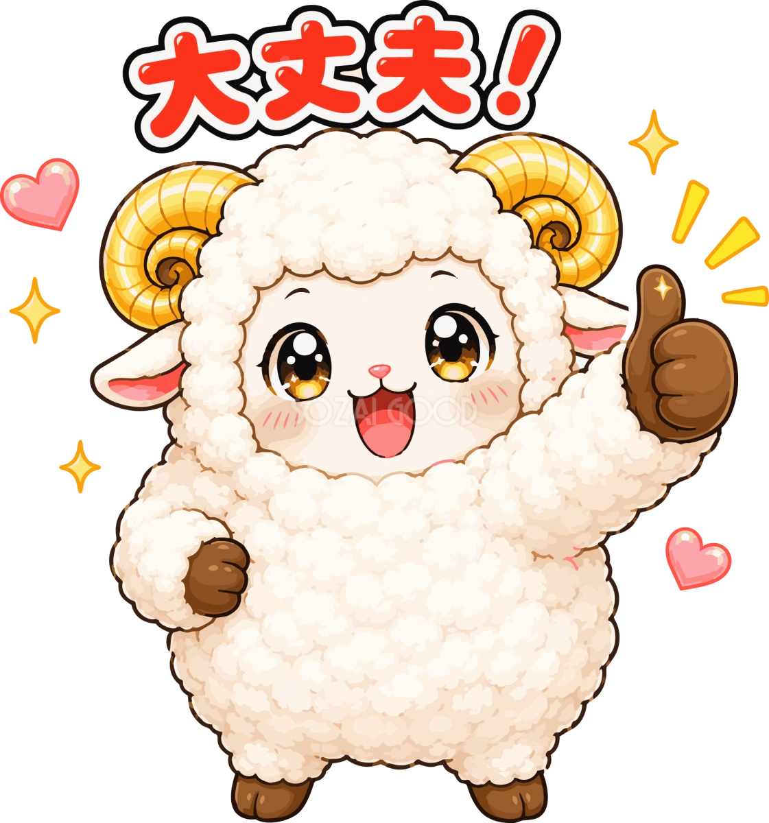 親指を立てて応援する羊の(大丈夫文字入り)イラスト無料 フリー92234
