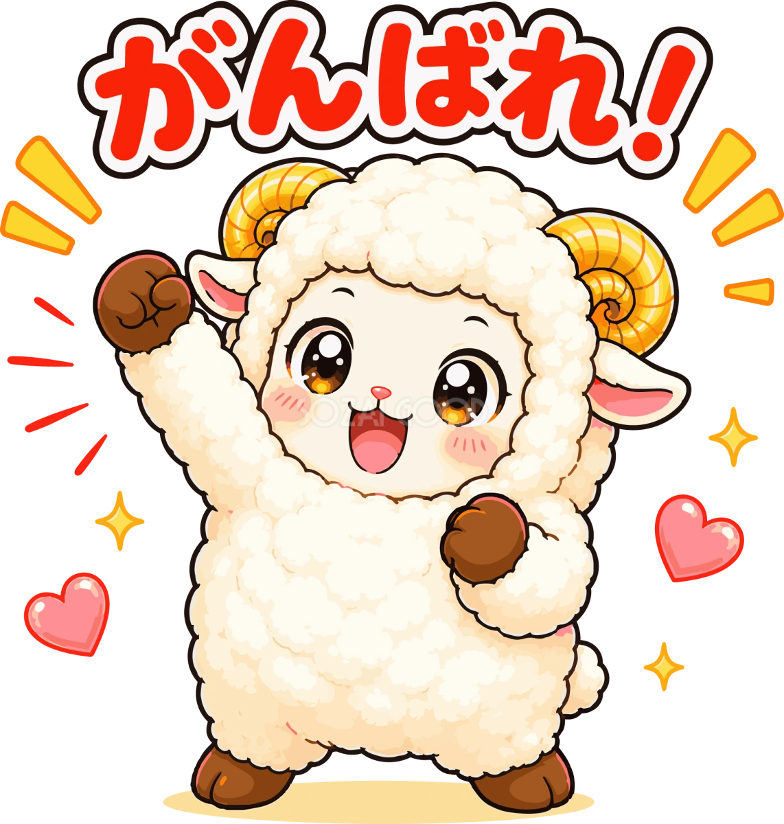 ガッツポーズで応援する羊の(がんばれ文字入り)イラスト無料 フリー92236