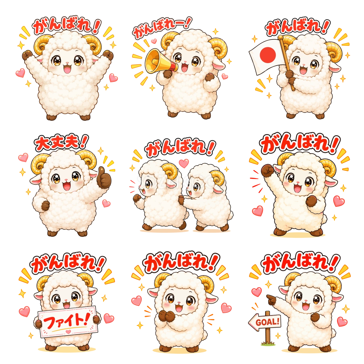 応援するがんばれ文字の羊のイラスト(9種類)|がんばれ・応援・励ましの無料 フリー92240