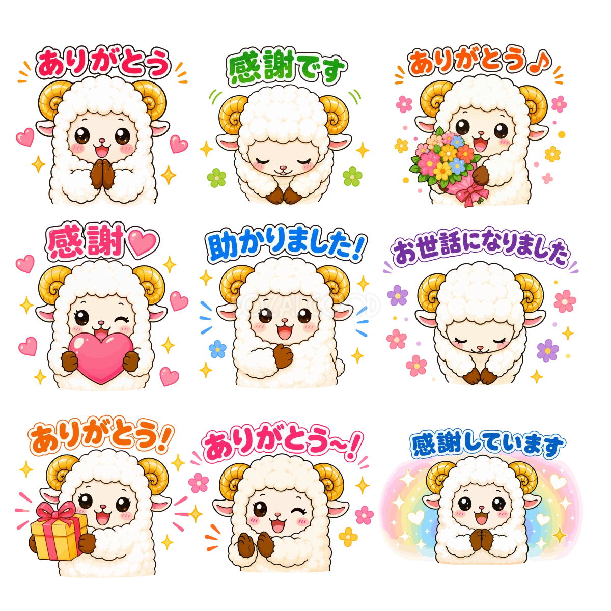 感謝する羊のイラスト 9種類セット|ありがとう・感謝・お礼・お世話になりました無料 フリー92270