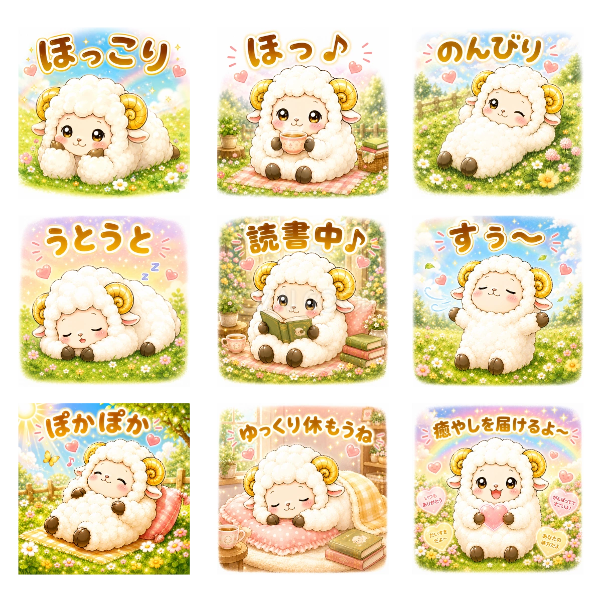 癒やされる羊のイラスト 9種類セット｜ほっこり・ぽかぽか・おつかれさま 無料 フリー92271