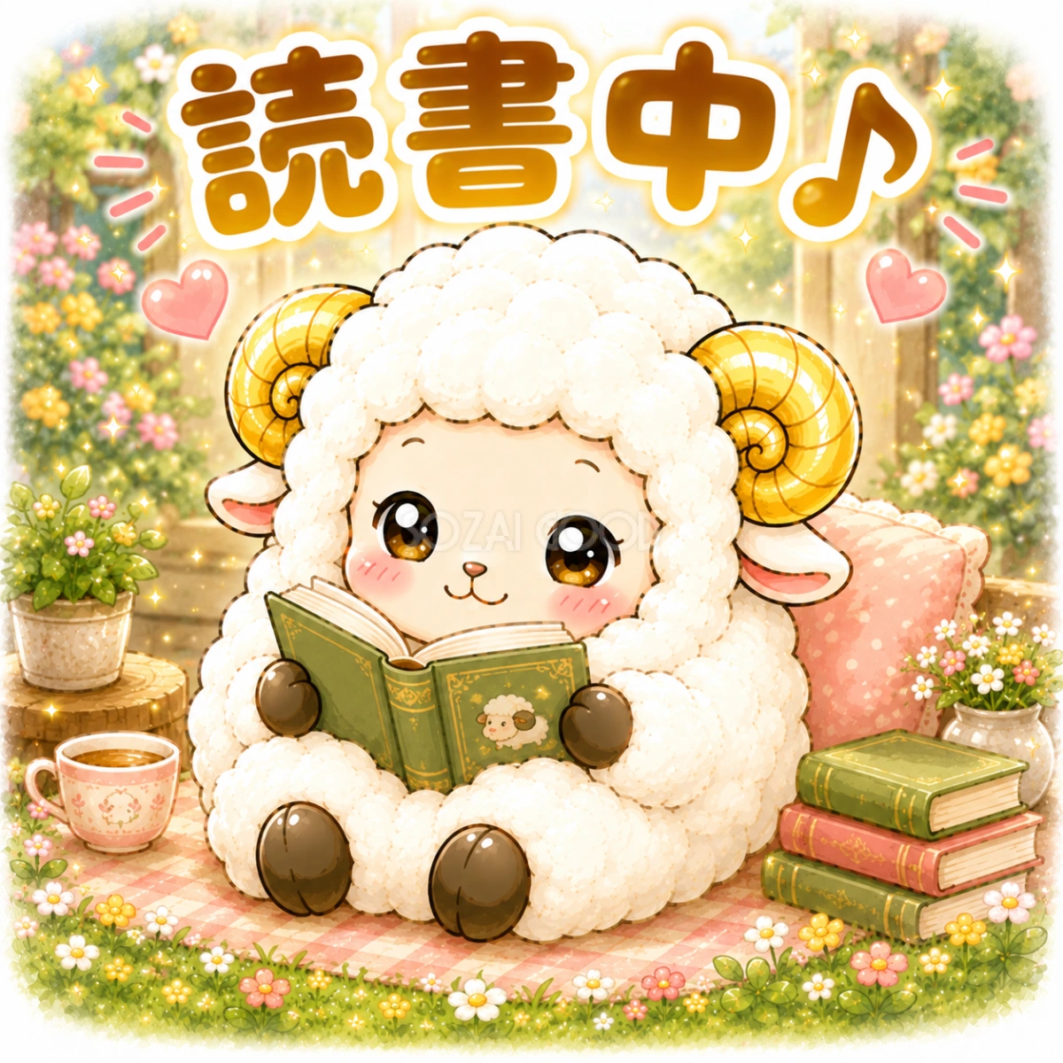 【文字無し版あり】本を読んで癒やされる羊のイラスト無料 フリー92276