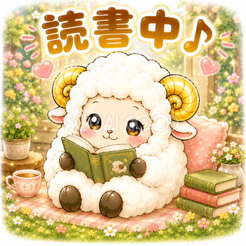 【文字無し版あり】本を読んで癒やされる羊のイラスト無料 フリー92276