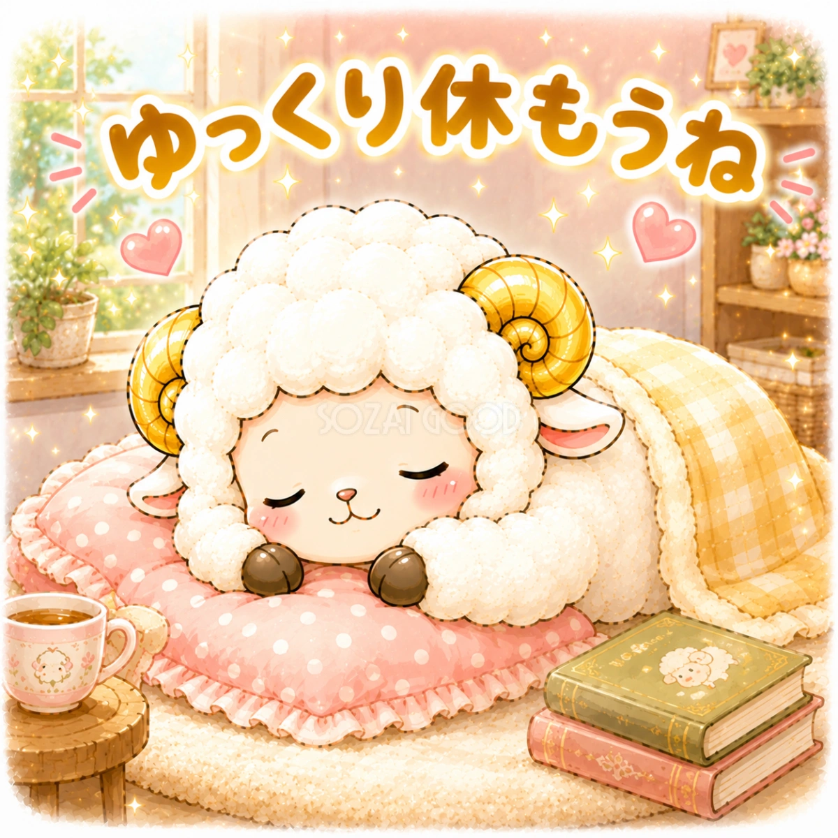 【文字無し版あり】ゆっくり休む羊のイラスト無料 フリー92279