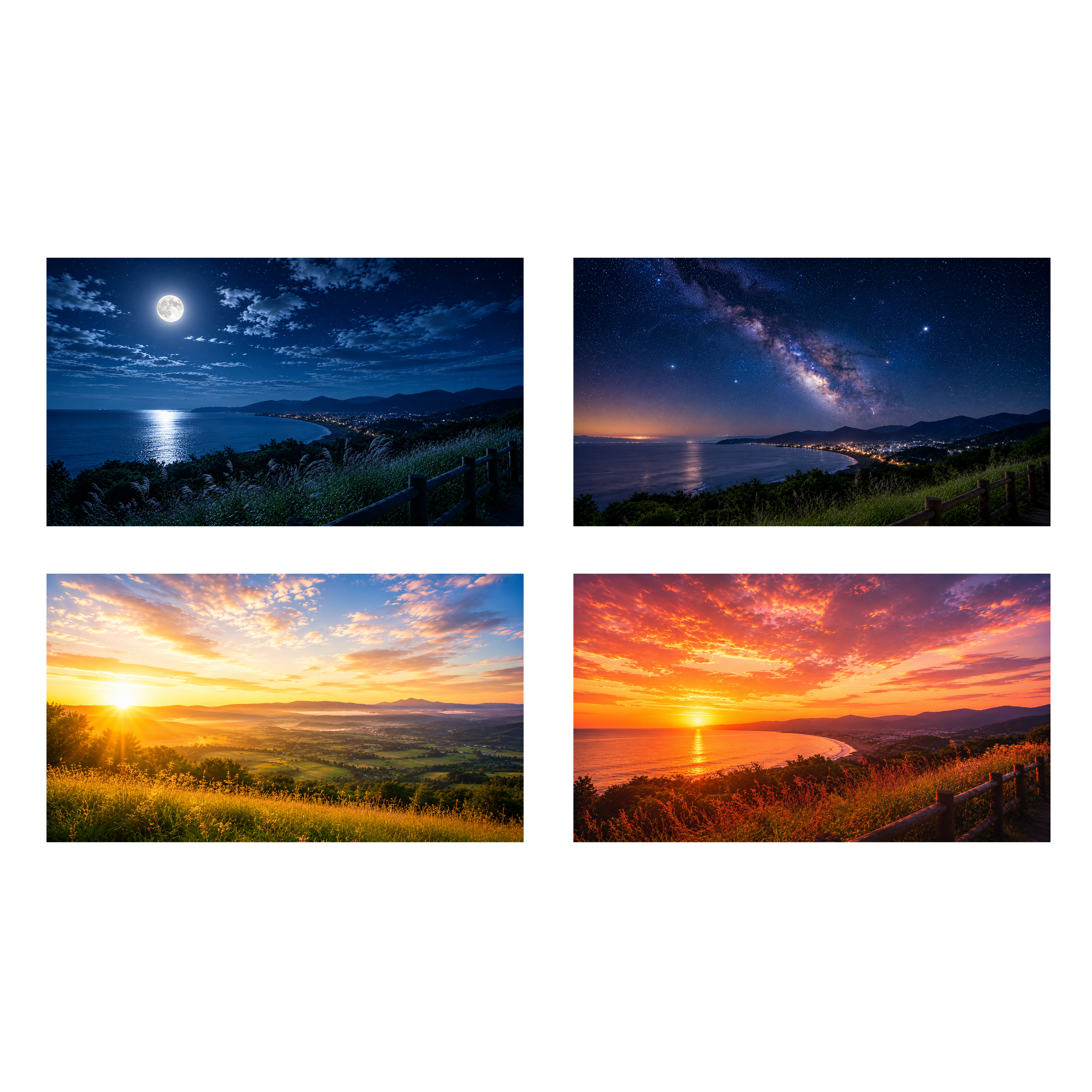 空と光の背景素材セット【無料PNG】朝日・夕焼け・月夜・天の川イラスト 92303に写真・文字を入れる