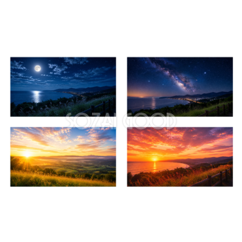 空と光の背景素材セット【無料PNG】朝日・夕焼け・月夜・天の川イラスト 92303