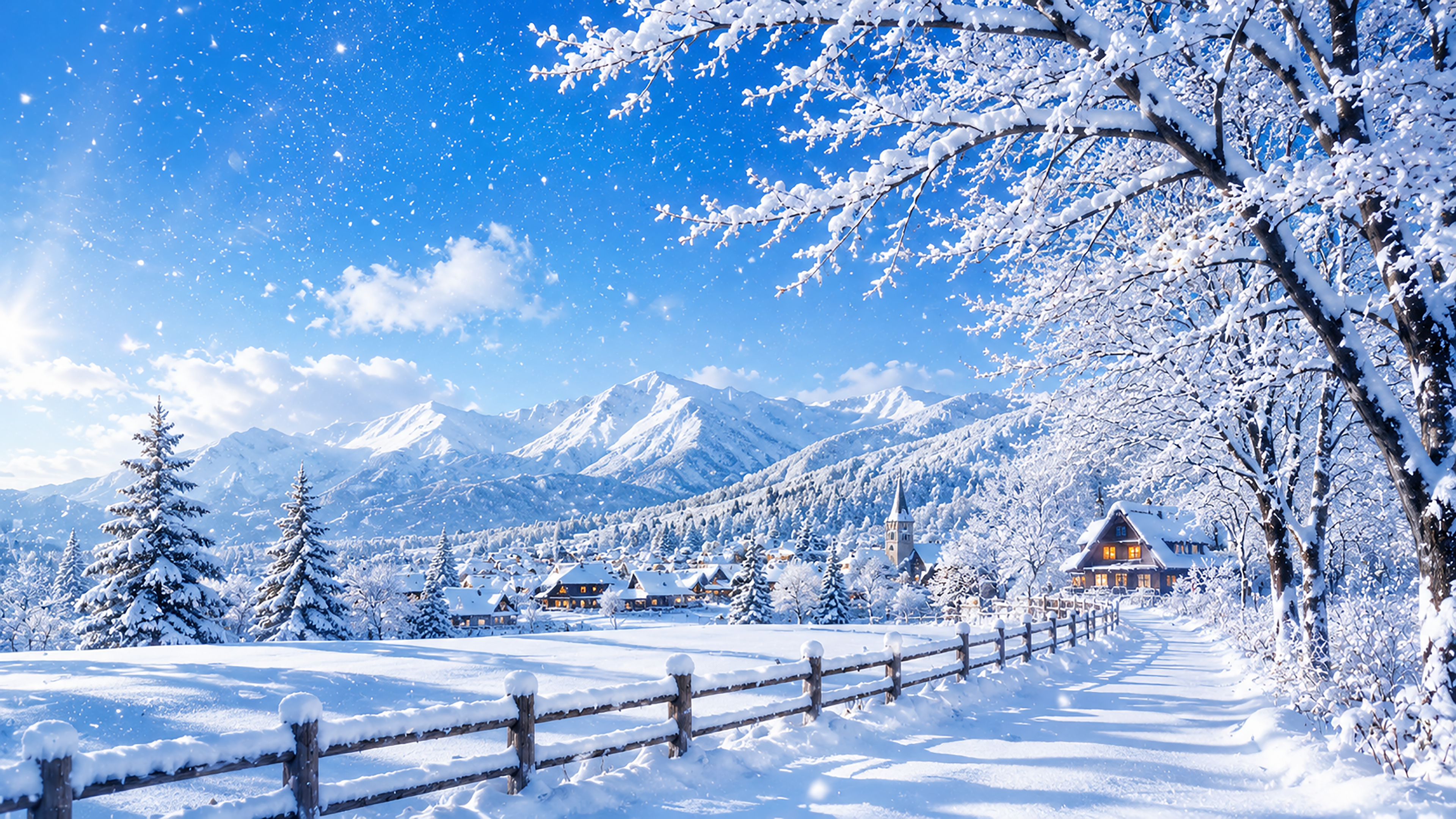 雪景色の背景素材【無料PNG】冬の美しい風景イラスト フリー92307に写真・文字を入れる